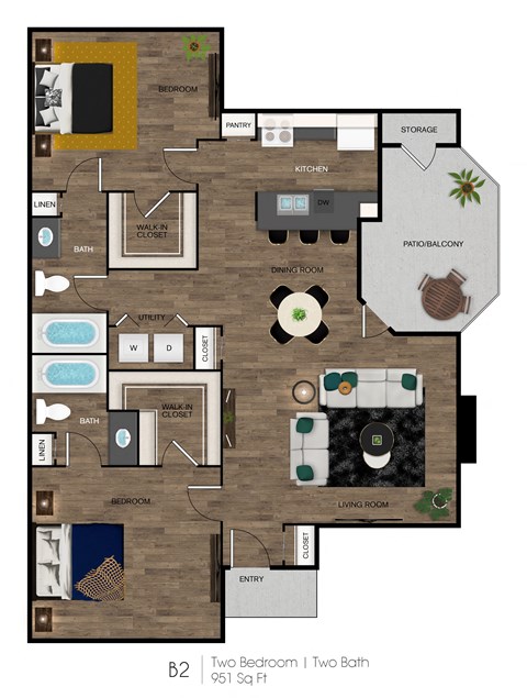 Floor plan for 2 beds, 2 baths, 951 sqft